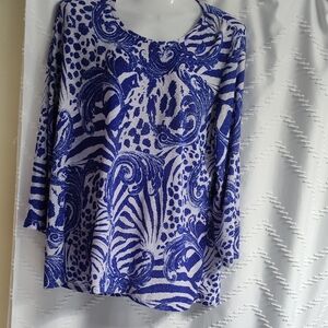 Cathy Daniels Blue and White Patterned Long Sleeve Top